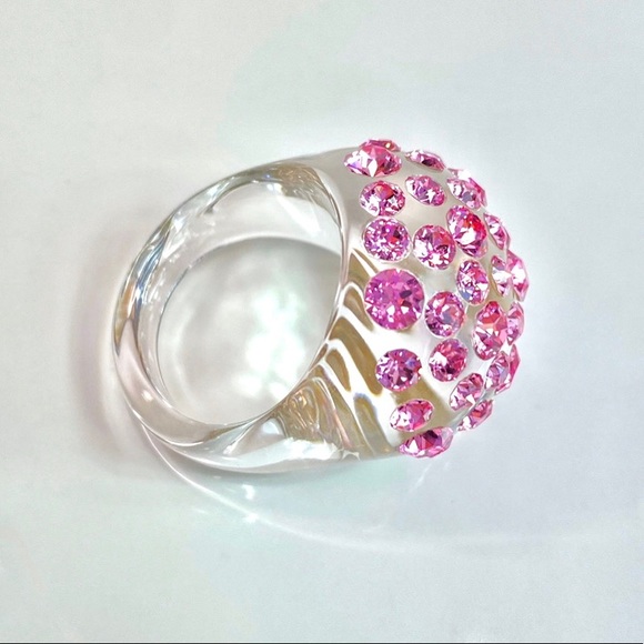 Pink Swarovski Crystal Acrylic Dome Ring, Lucite Clear Statement Ring - Picture 4 of 13